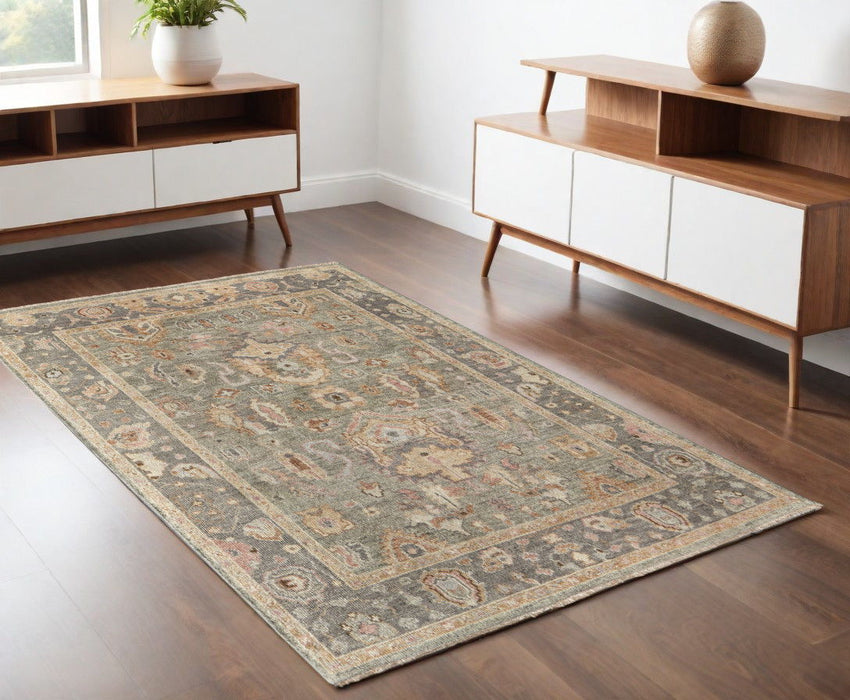 4' x 6' Wool Oriental Hand Knotted Rectangle Area Rug With Fringe - Gray And Gold