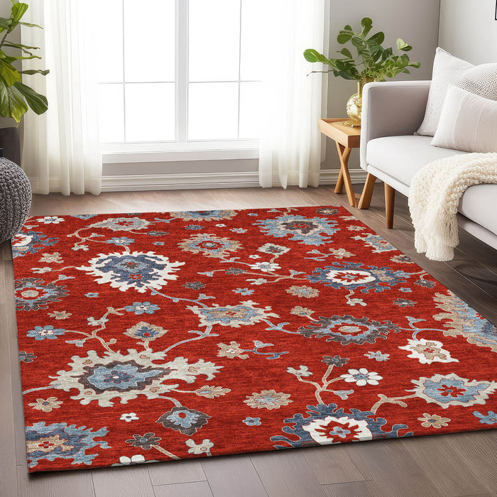 9' X 12' Floral Medallion Washable Area Rug With UV Protection - Red