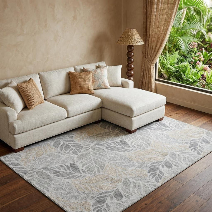 9' X 12' Tropical Botanical Distressed Washable Area Rug With UV Protection (646324) - Light Gray / Taupe / Charcoal