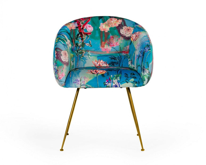 Floral Velvet Dining Arm Chair - Blue / Green