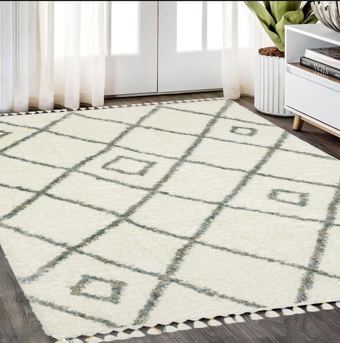 5' X 8' Diamond Shag Area Rug With Fringe - Ivory