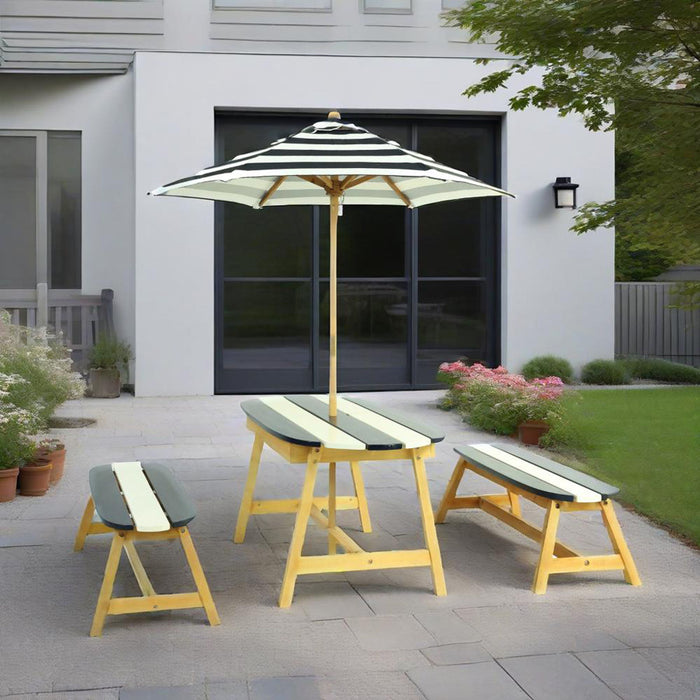 Giga Naturally Playful kids picnic table with blue and white striped umbrella, ideal for indoor and outdoor play, durable table and chairs set.