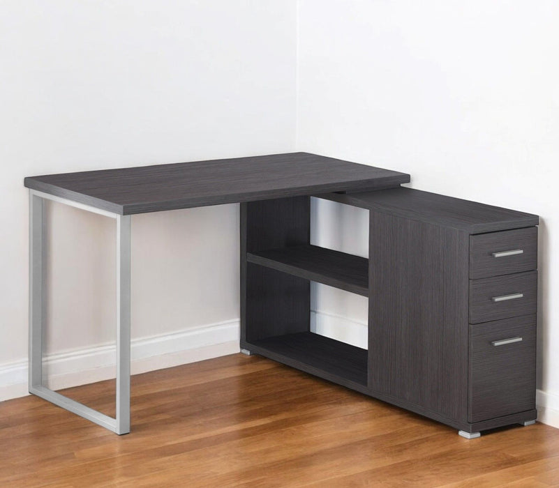 47" L Shape Computer Desk With Three Drawers - Gray And Silver