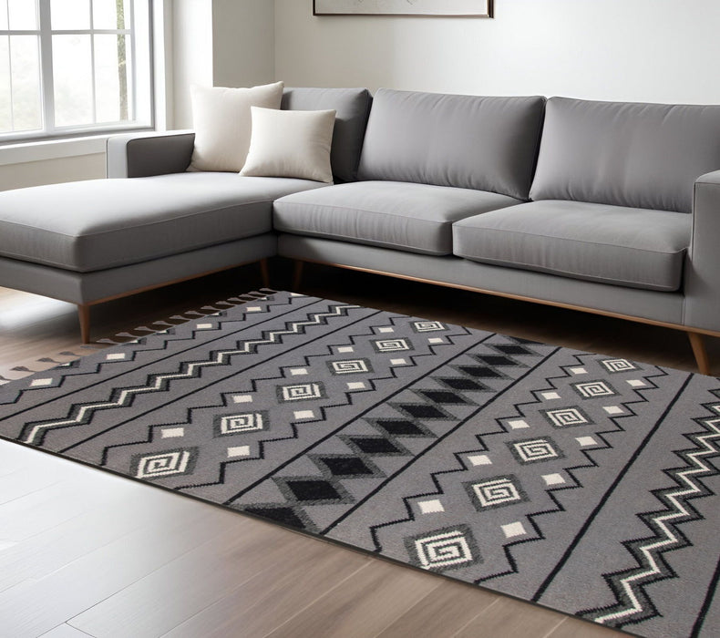 8' X 10' Wool Tribal Flatweave Handmade Area Rug With Fringe - Gray
