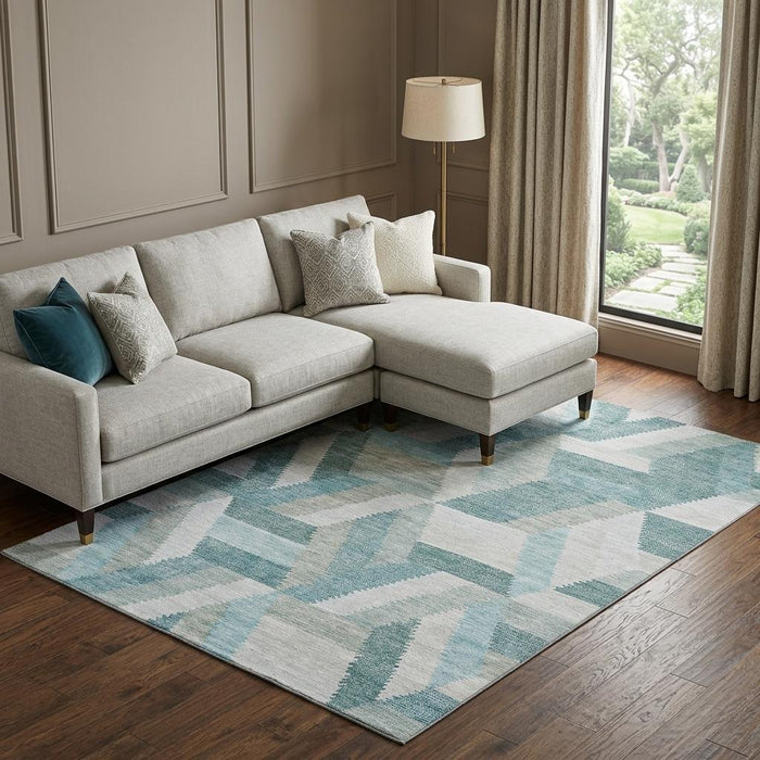 10' X 14' Geometric Washable Area Rug With UV Protection (692466) - Teal / Ivory / Gray