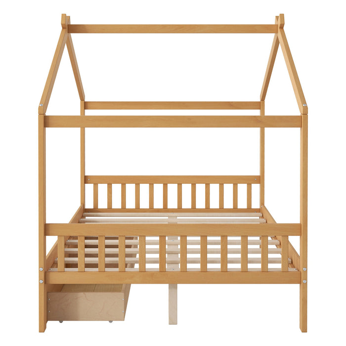 Giga house style platform storage bed with headboard, footboard, two drawers, and roof design in a modern bedroom setting