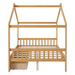 Giga house style platform storage bed with headboard, footboard, two drawers, and roof design in a modern bedroom setting