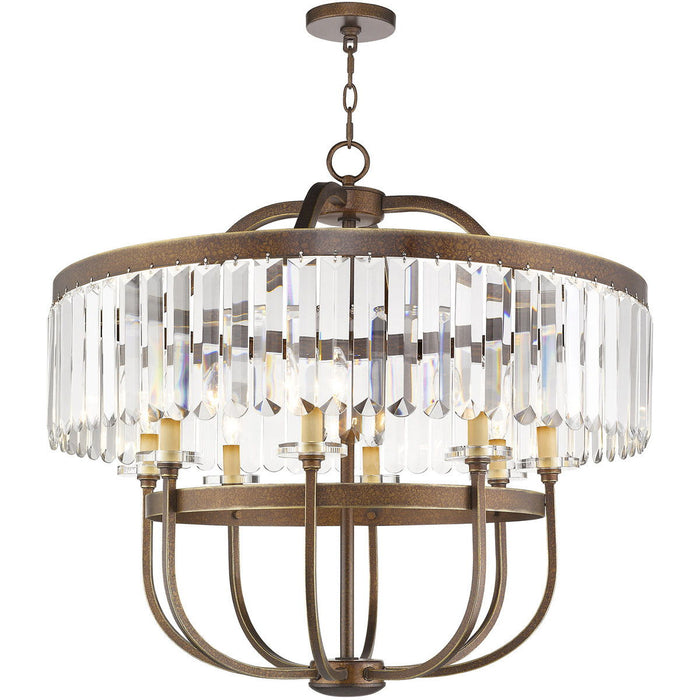 HomeRoots 30-inch eight-light metal chandelier with bronze finish, clear shades, and dimmable lighting, ideal for modern dining rooms.
