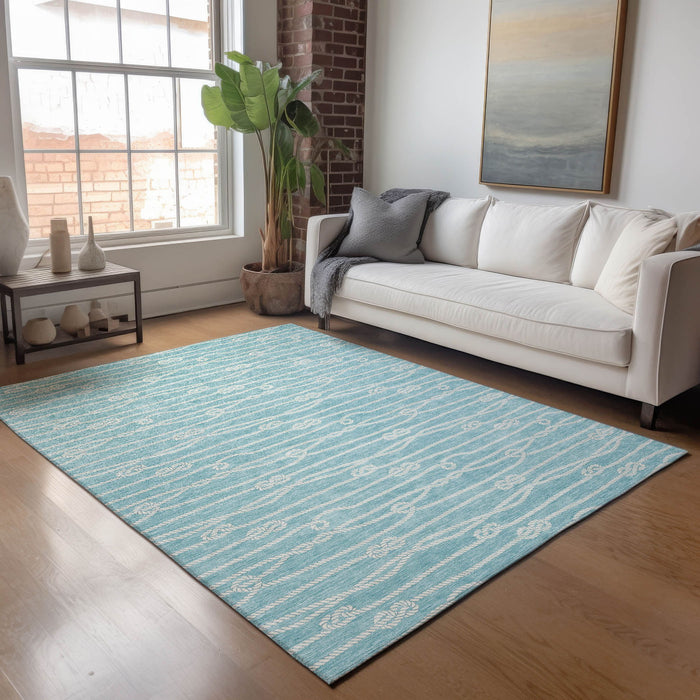 10' X 14' Nautical Washable Area Rug With UV Protection - Teal Blue And Ivory