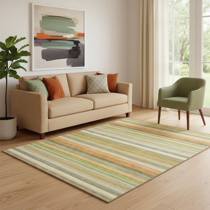 5' X 8' Striped Washable Area Rug With UV Protection (648036) - Fern Green / Orange / Beige