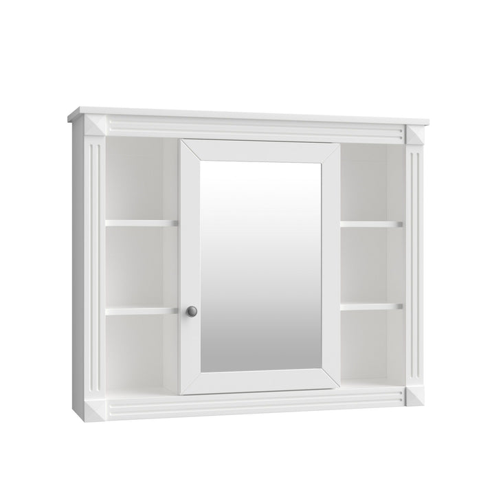 Giga wall-mounted bathroom medicine cabinet with mirror, six open shelves, and adjustable interior storage.