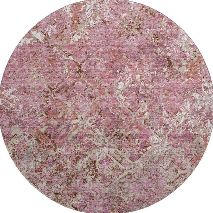 8' Diamond Washable Round Rug With UV Protection - Pink