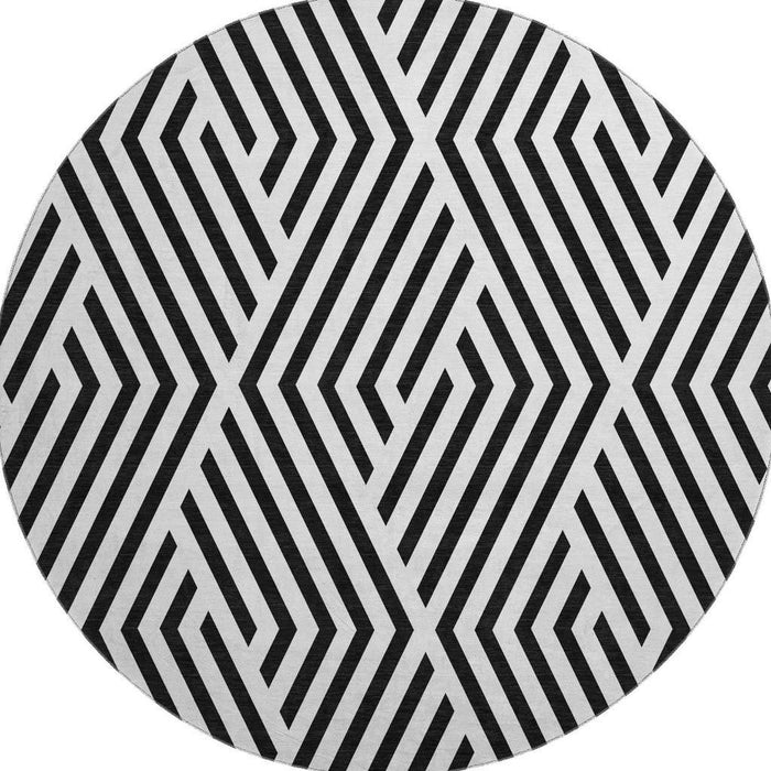 8' Geometric Washable Round Rug With UV Protection (648517) - Black / Ivory