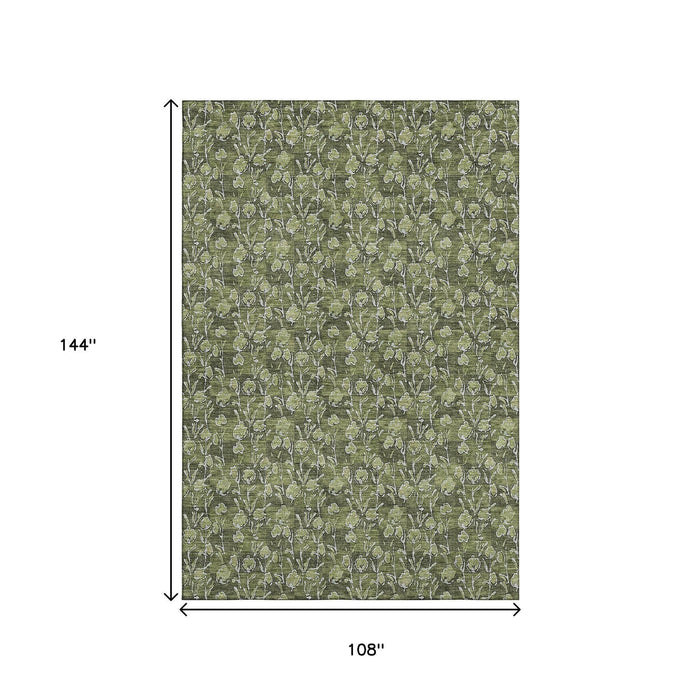 9' X 12' Floral Washable Area Rug With UV Protection (656459) - Olive Green / Ivory