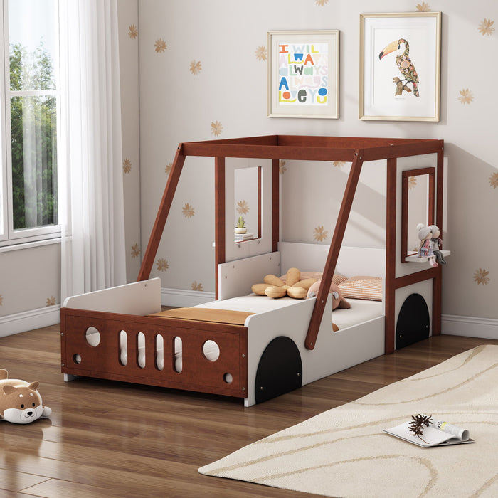Giga Kids Car Bed in white and orange with a playful car shape, twin size platform bed suitable for boys, girls, and teens