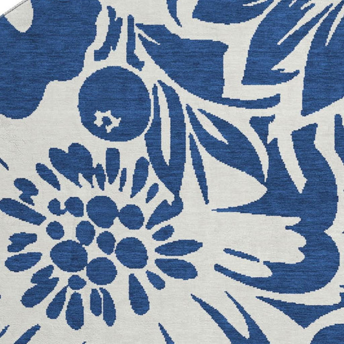 8' Floral Washable Round Rug With UV Protection (648667) - Navy Blue / Ivory