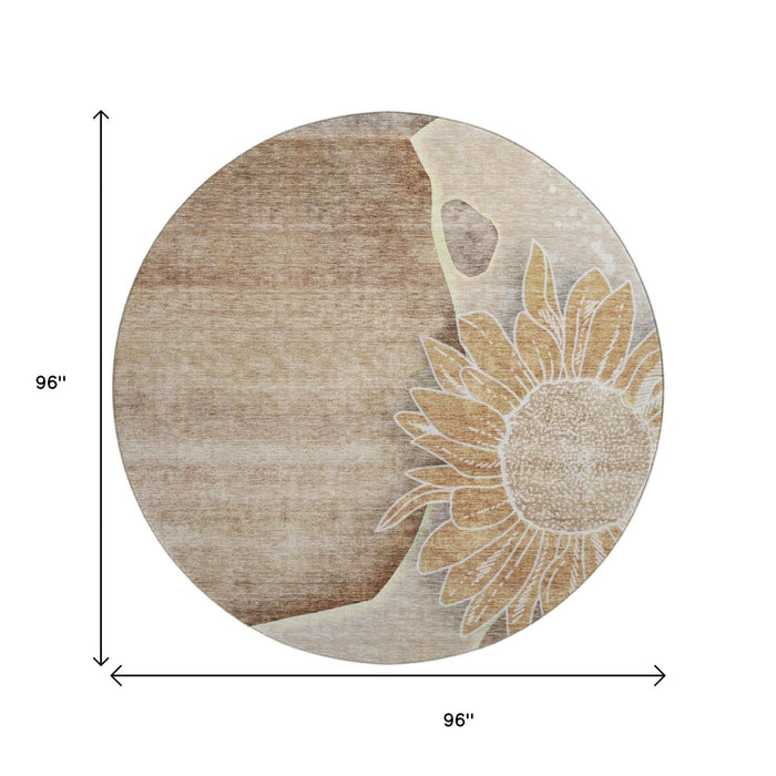 8' Floral Washable Round Rug With UV Protection (656786) - Brown / Beige
