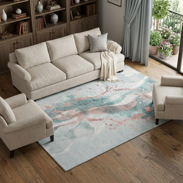 10' X 14' Abstract Washable Area Rug With UV Protection (694224) - Teal / Salmon / Ivory