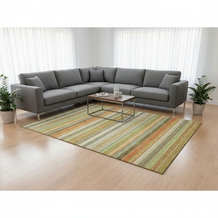 10' X 14' Striped Washable Area Rug With UV Protection (648040) - Fern Green / Orange / Beige