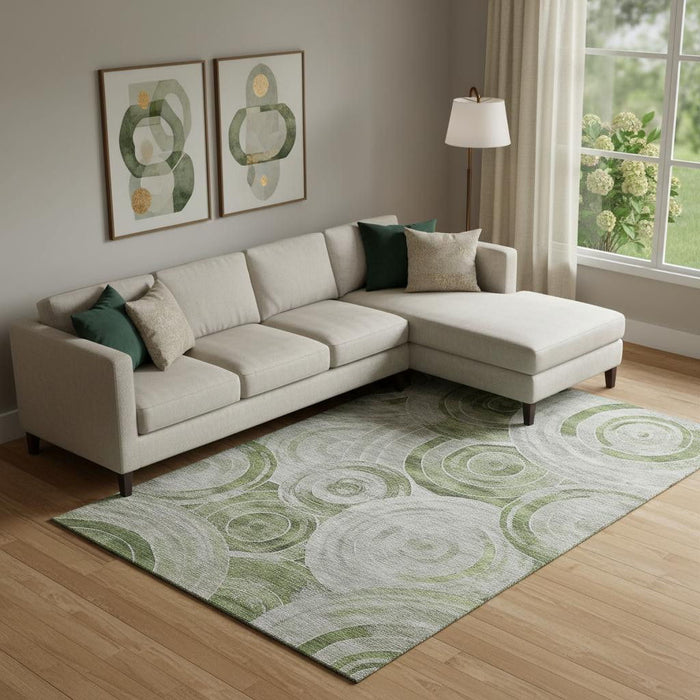10' X 14' Geometric Washable Area Rug With UV Protection (700065) - Artichoke Green / Gray / Silver