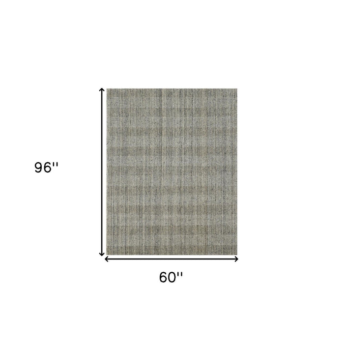 5' X 8' Wool Plaid Hand Woven Area Rug - Gray And Beige
