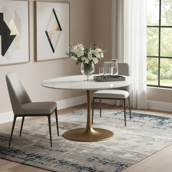 47" Rounded Steel Pedestal Base Dining Table - White / Gold