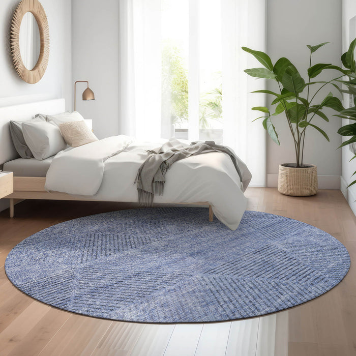 8' Geometric Washable Round Rug With UV Protection - Blue And Gray