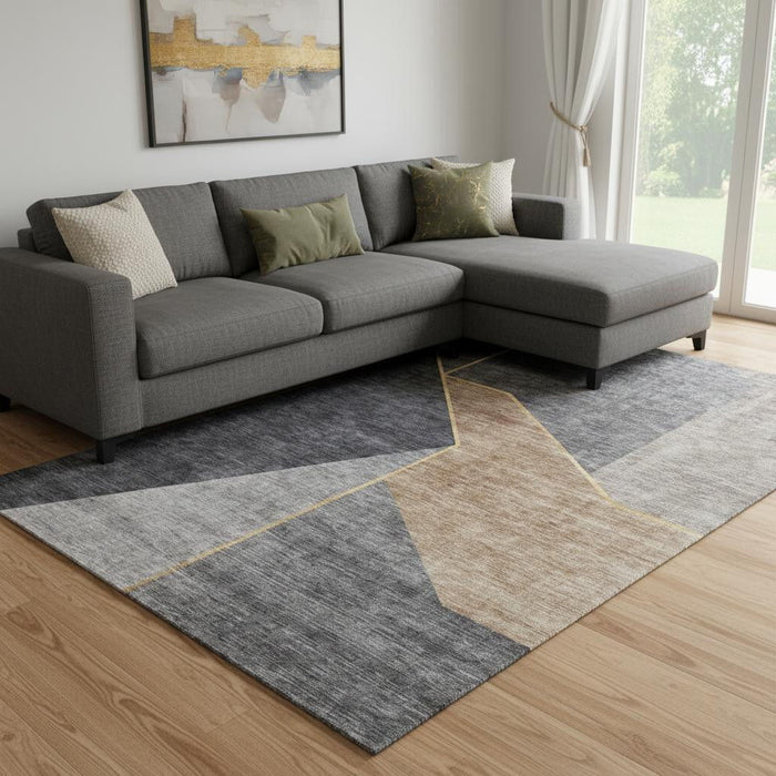 10' X 14' Geometric Washable Area Rug With UV Protection (653737) - Charcoal / Gold / Brown