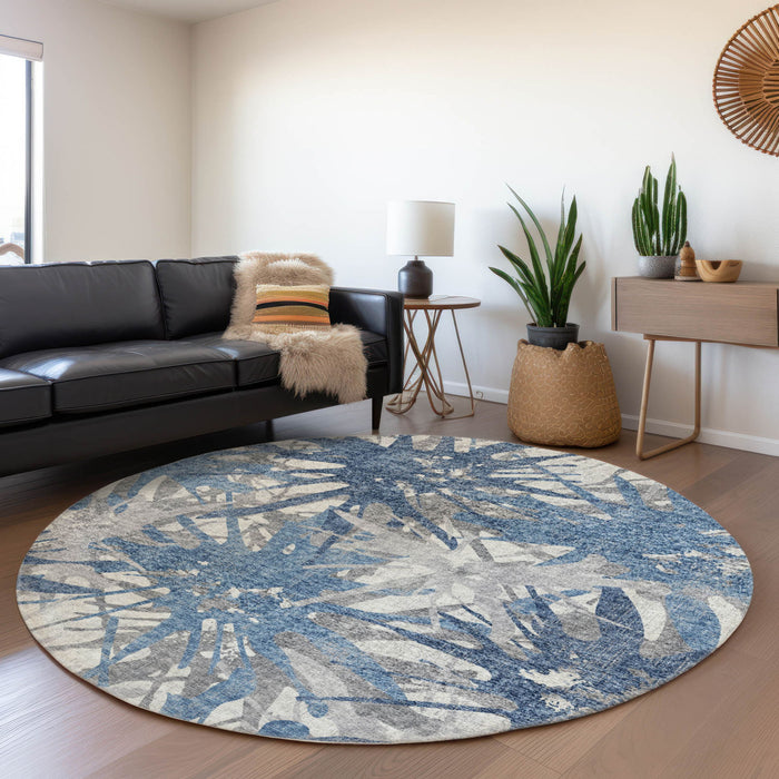 8' Abstract Washable Round Rug Polyester With UV Protection - Blue / Gray