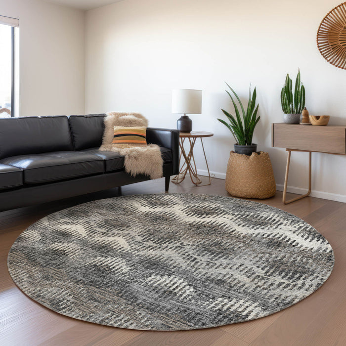 8' Abstract Washable Round Rug With UV Protection - Graphite