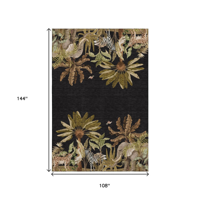 9' X 12' Tropical Botanical Distressed Washable Area Rug With UV Protection (646354) - Midnight / Brown / Olive Green