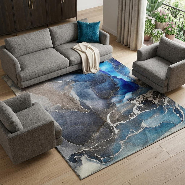 9' X 12' Abstract Washable Area Rug With UV Protection (646685) - Navy Blue / Charcoal