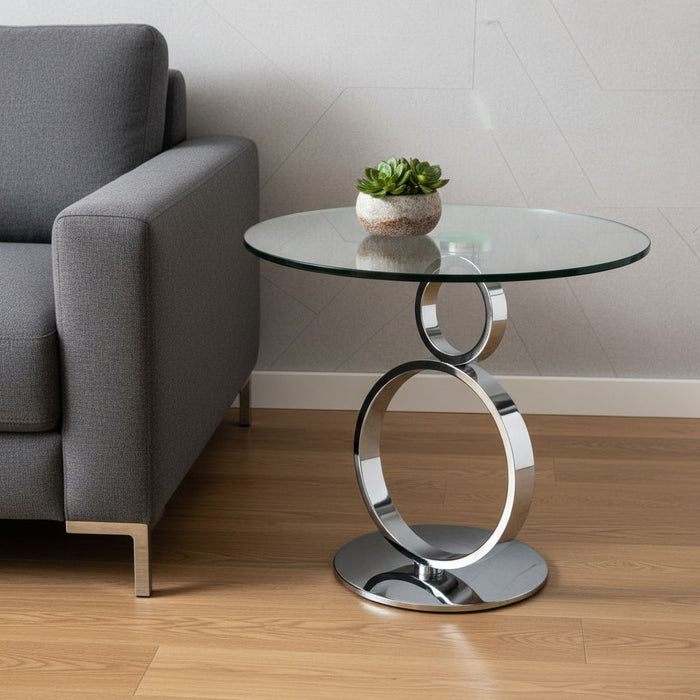 Glass And Metal Round Pedestal End Table - Clear / Silver
