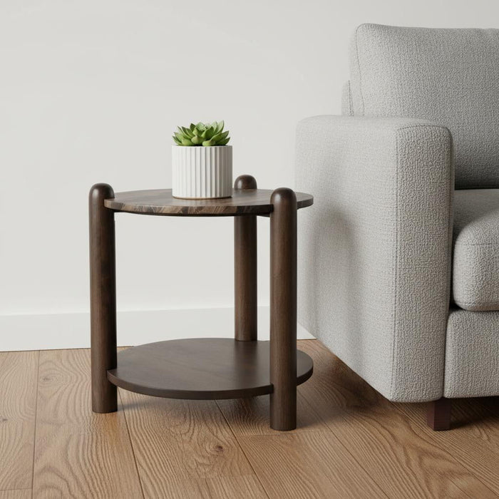 Marble Solid Wood End Table With Shelf - Brown