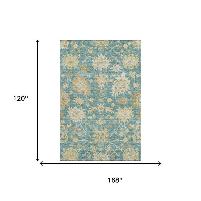 10' X 14' Floral Medallion Washable Area Rug With UV Protection (686879) - Teal / Beige / Copper