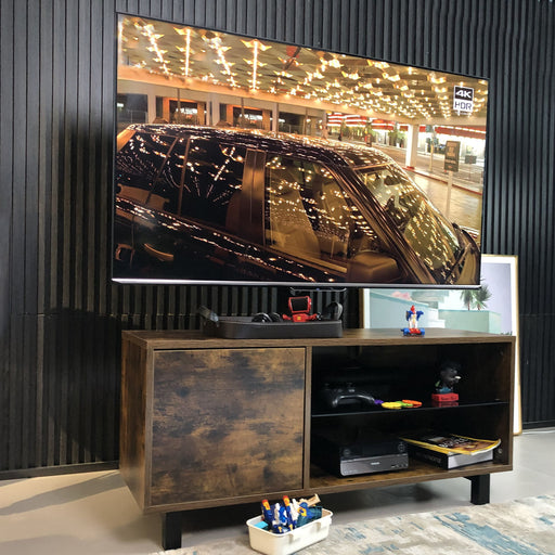 Rustic brown TV console with push-to-open storage cabinet, wooden and glass TV stand ideal for living room or bedroom by Giga.