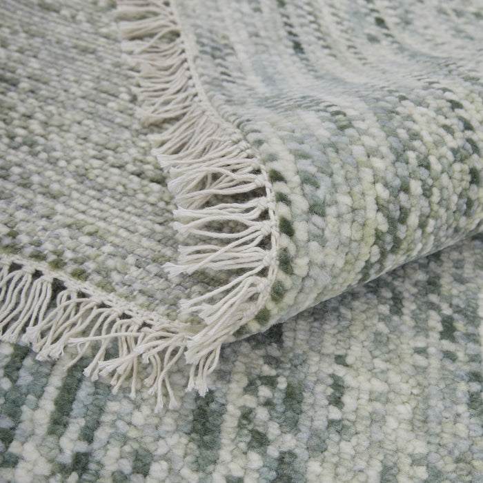10' Wool Hand Knotted Runner Rug With Fringe - Ivory And Green