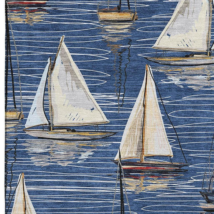 9' X 12' Nautical Washable Area Rug With UV Protection - Navy Blue