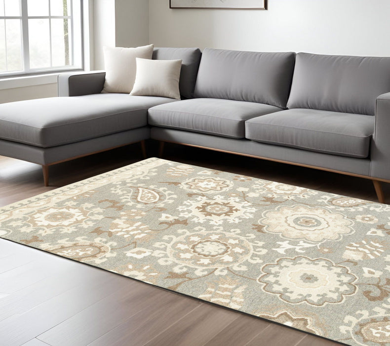 8' X 10' Wool Floral Hand Tufted Area Rug - Gray And Sand