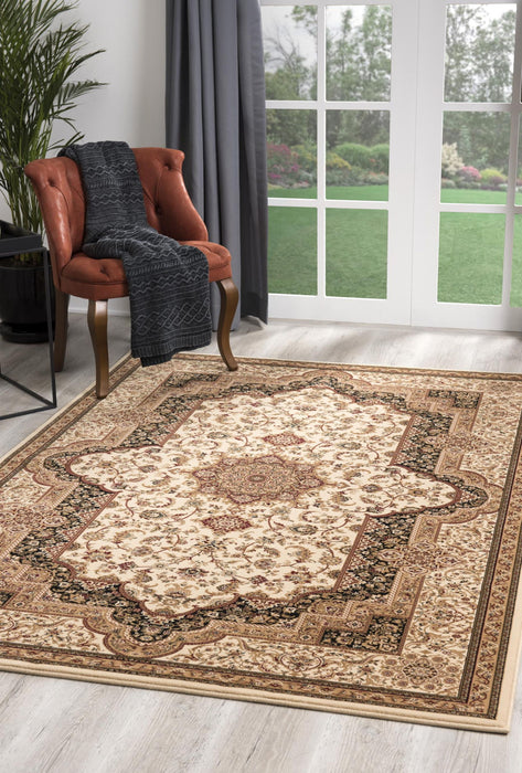 7' x 9' Oriental Power Loom Area Rug - Black And Ivory