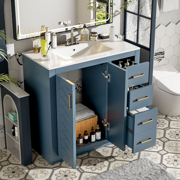 Giga bathroom vanity with sink, storage cabinet, three drawers, and soft-close doors in a freestanding design with a sleek finish.