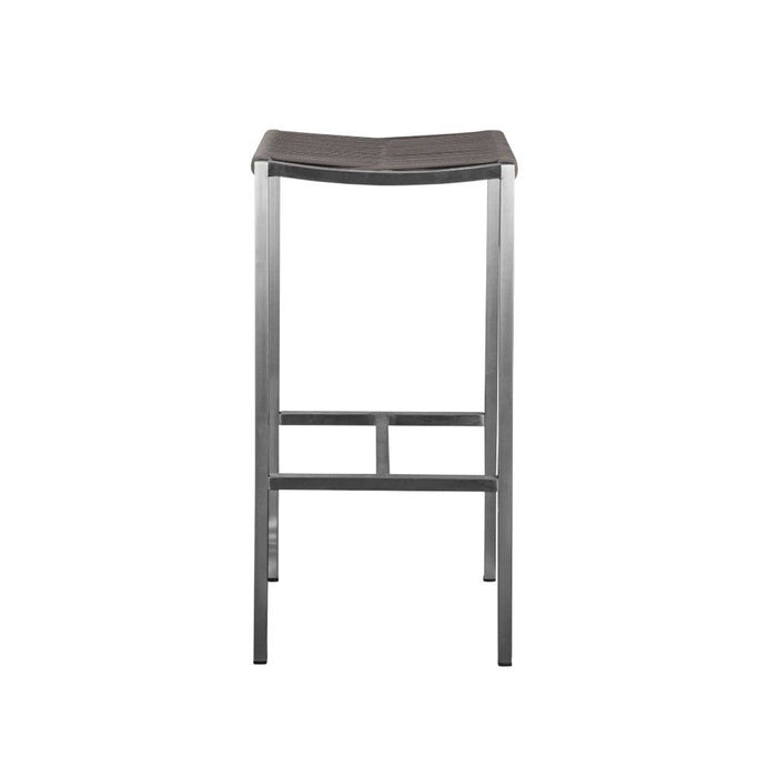 Set of four brown and silver stainless steel backless bar height chairs from HomeRoots, ideal for kitchen or bar counter seating.
