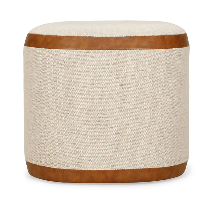 Natural cotton jute and vegan leather oval upholstered ottoman by TOV Furniture, featuring a stylish and modern design.