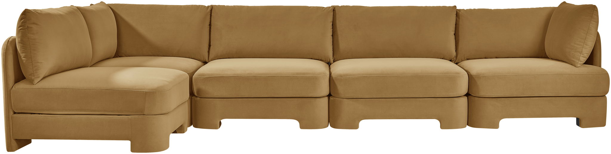 Velvet performance fabric L-shaped sectional sofa by Meridian Furniture, 5-piece stationary sectional for modern living rooms.