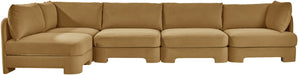 Velvet performance fabric L-shaped sectional sofa by Meridian Furniture, 5-piece stationary sectional for modern living rooms.