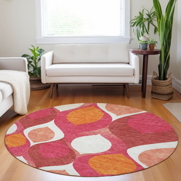8' Ogee Washable Round Rug With UV Protection - Pink