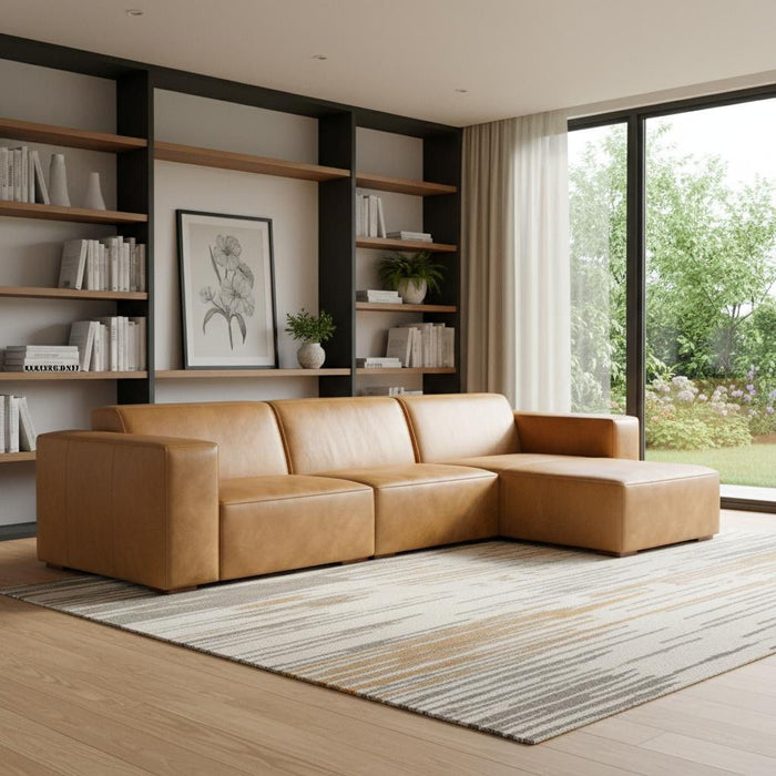 122" Sienna Leather Modular Sofa With Brown Legs - Brown