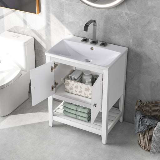 Modern Giga white bathroom vanity with sleek ceramic sink, solid wood frame, and open shelf design.