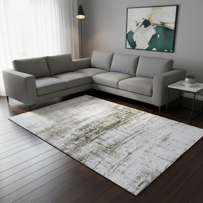 7' X 9' Abstract Washable Area Rug With UV Protection (609977) - White / Gray / Green