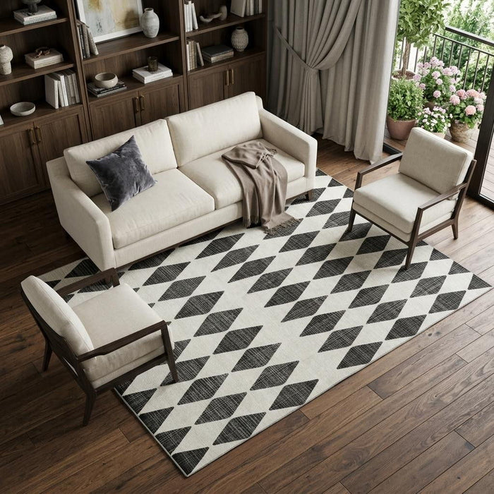 10' X 14' Diamond Washable Area Rug With UV Protection (650026) - Black / Ivory